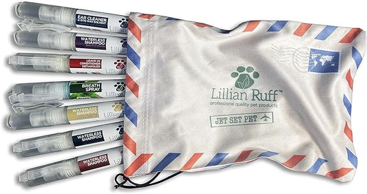 Lillian Ruff Travel Kit for Dogs | Dog Grooming Spray for Airline Travel, Camping, Beach | Deodorizing Waterless Dog Shampoo x4, Breath Freshener, Detangler Spray, Ear Cleaner