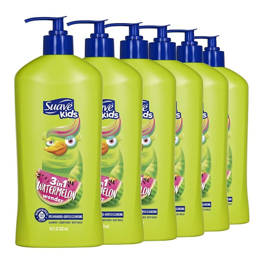 Suave Kids 3-in-1 Tear Free, Body Wash, Shampoo and Conditioners, Dermartologist Tested, Watermelon Wonder, 18 Oz Pack of 6