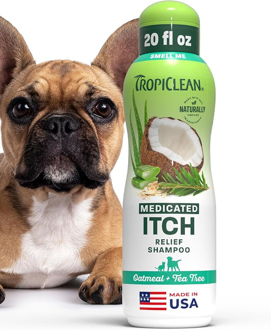 TropiClean Oatmeal Dog Shampoo for Itchy Skin Relief, Soothing Medicated Itch Relief, with Vitamin E, Puppy Safe, Made in USA, Cat Friendly, 20 oz.