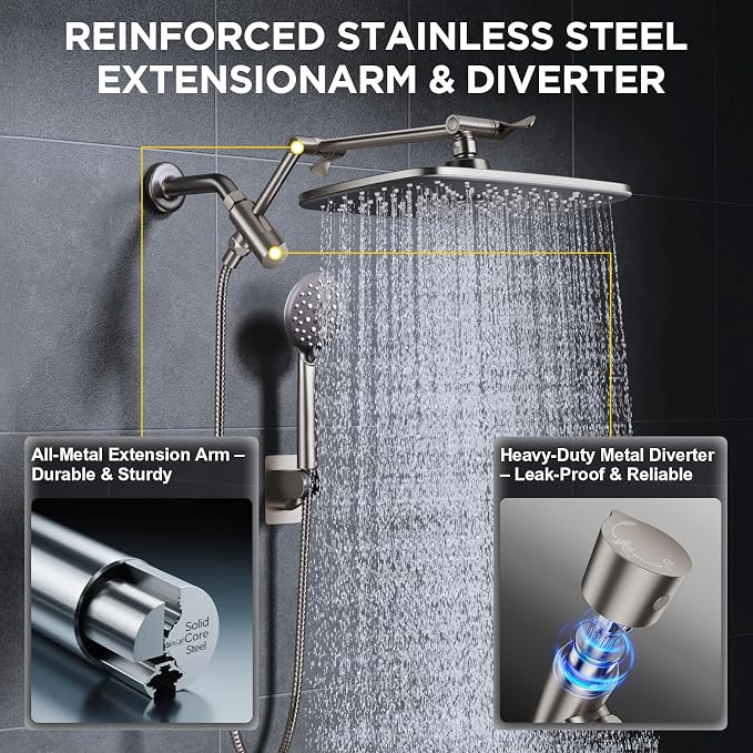 Veken 11.8" Brushed Nickel Rain Shower Head with Handheld, High Pressure Handheld Shower Heads with Multi Spray Modes,Rainfall Combo with 15" Metal Extension Arm,Detachable Dual Shower,Regaderas Para