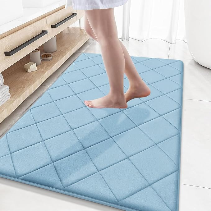 OLANLY Memory Foam Bath Mat 59x34, Ultra Soft and Absorbent Bathroom Rugs, Machine Washable, Comfortable Bath Carpet for Bathroom Floor, Tub and Shower, Sky Blue