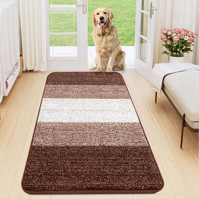 Smiry Dog Door Mat for Muddy Paws, Absorbs Moisture and Dirt, Low-Profile Entryway Mat with Non-Slip Backing, Entry Indoor Outdoor Doormat for Inside Floor (44x24 Inches, Brown, Striped)