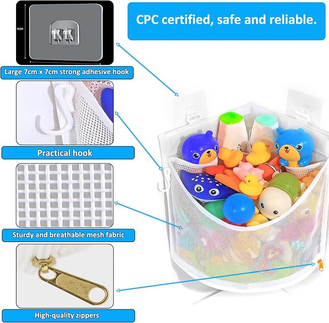 KPH Bath Toy Organizer, Large Capacity Corner Hanging with Mesh bath toy storage, Quick Drying