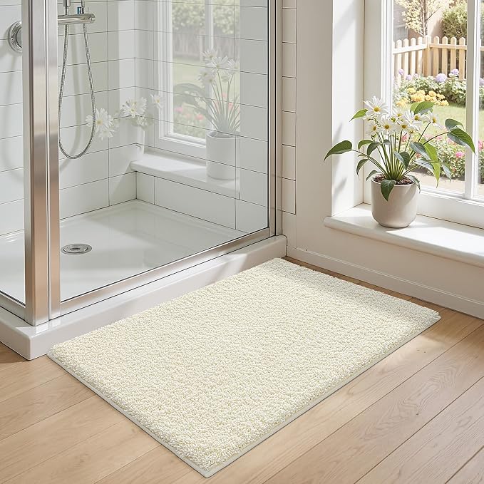 DEXI Bathroom Rugs Non Slip Washable 32x20, Ultra Soft and Water Absorbent Bath Mat, Thick Plush Fluffy Microfiber Bath Rug Carpet for Shower Floor, Tub, Sink, Cream