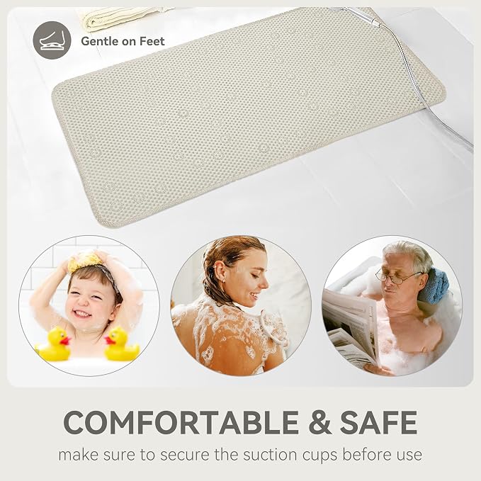 Bathtub Mat Non Slip, Soft Foam Bath Mat for Tub, Bathtub Mat with Drain Holes, Suction Cups Shower Mat (Ivory, 36''X17'')
