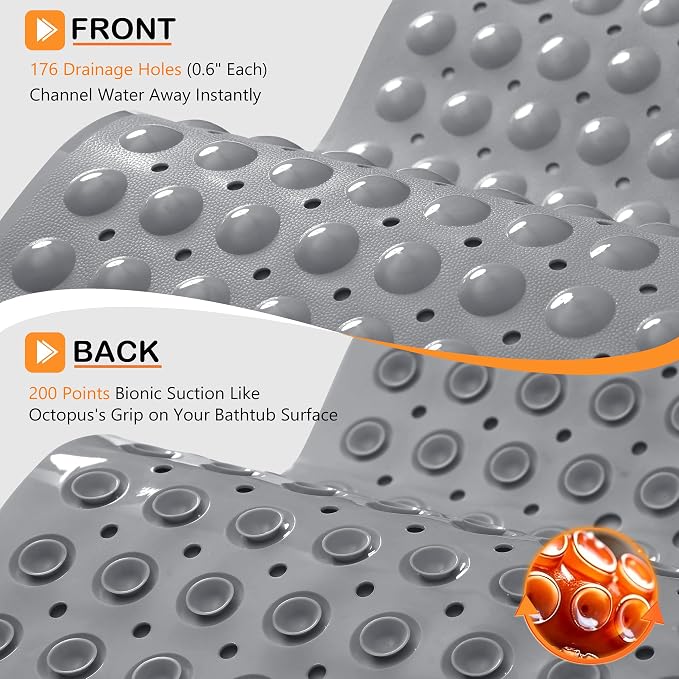 Yimobra Non Slip Bathtub Mat 40 x 16 Inch, Extra Long Shower Mat with Drain Holes, Machine Washable Baby Bath Mats, Strong Suction Cups for Bathroom Floor, Grey