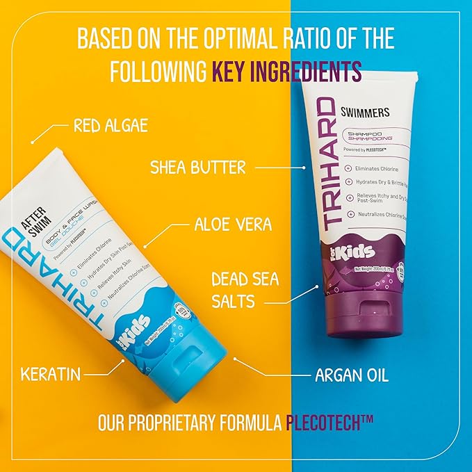TRIHARD Kids Chlorine Removal Kit, Shampoo, Face and Body Wash Set for Children’s Hair and Skin, Gentle Post-Swim Cleanser for Pool & Ocean