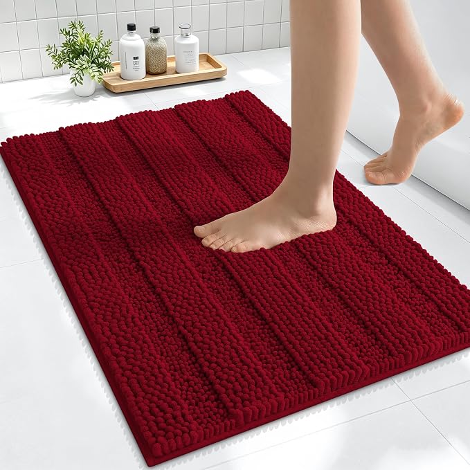 Smiry Thick Small Chenille Bathroom Rugs 24x16, Extra Soft Absorbent Striped Bath Mat, Machine Washable, Rubber Backing, Bath Rugs for Bathroom, Tub & Shower, Modern Home Decor Accessories, Red