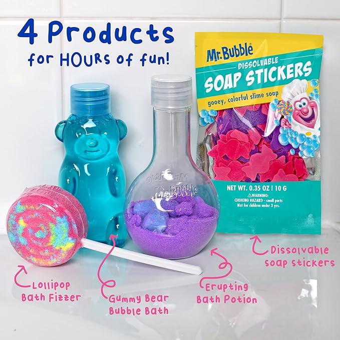 Mr. Bubble Ultimate Pack of Bath Time Fun 4 Favorites, Bath Potion, Bath Bomb, Soap Stickers, Bubble Bath (Pack of 2)