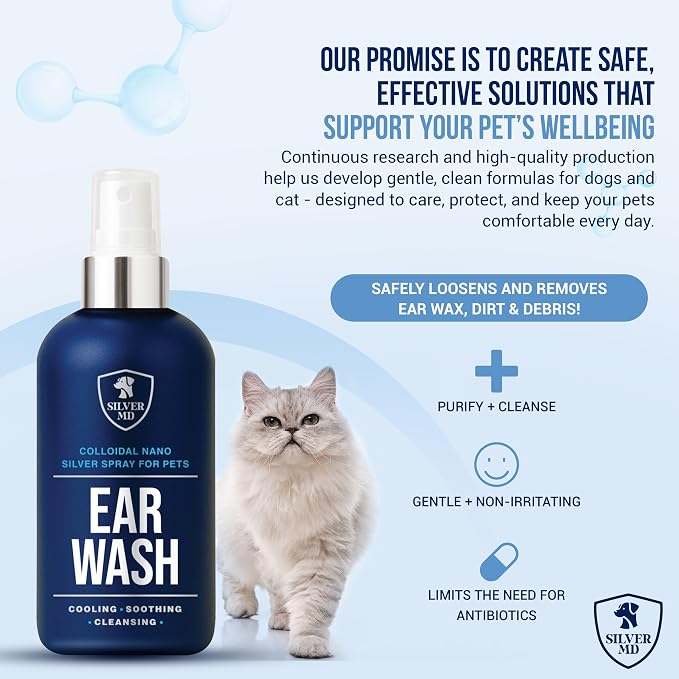 Nano Silver Pet Ear Wash for Dogs & Cats Spray, 8 Oz | Best Gentle Cats & Dog Ear Cleaner Solution With Deionized Water Formula For Itchy Sensitive Ears, Odor & Daily Care For Pets