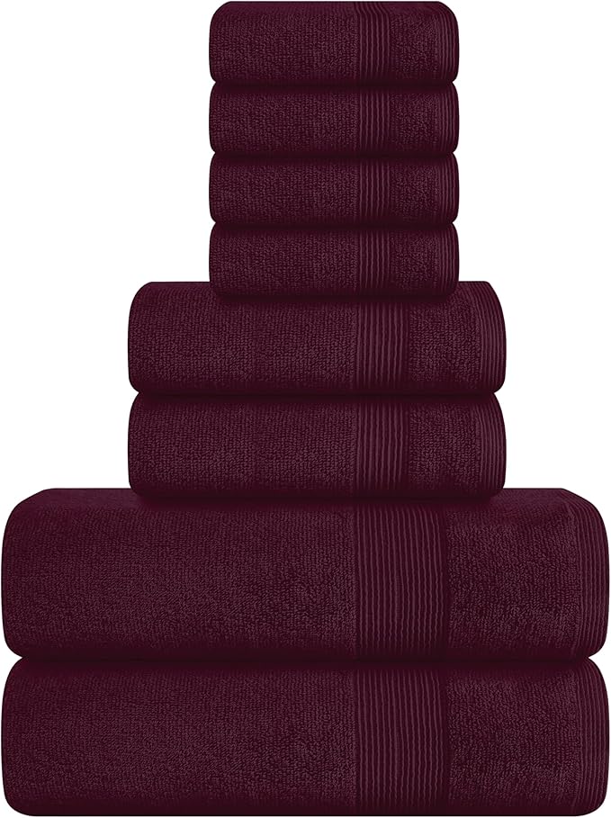 Belizzi Home 8 Piece Towel Set 100% Ring Spun Cotton, 2 Bath Towels 27x54, 2 Hand Towels 16x28 and 4 Washcloths 13x13 - Ultra Soft Highly Absorbent Machine Washable Hotel Spa Quality - Burgundy