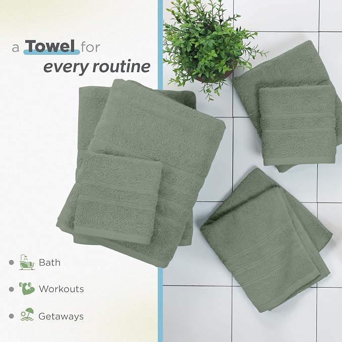 Martex Ultimate Performance 6-Piece Towel Set, Sage | 100% Cotton, Supersoft & Absorbent, Low-Linting, Easy Care, Versatile, 2 Bath Towels, 2 Hand Towels, 2 Wash Cloths