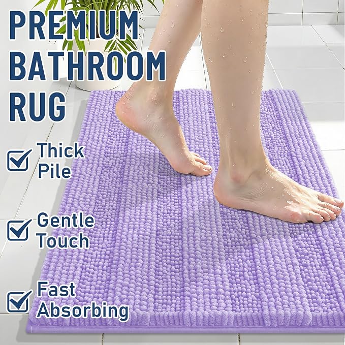 Grandaily Chenille Striped Bathroom Rugs 70x24, Extra Thick and Soft Absorbent Bath Mats, Rubber Backing, Plush Shaggy Shower Carpet, Machine Wash Dry, Bath Rug for Bathroom, Light Purple