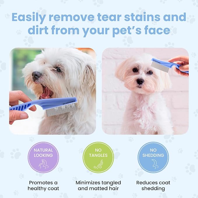 Dog Face Comb, Flea Comb for Dogs, Fine Tooth Tearstain Remover Metal Comb, Removes Crust, Mucus, and Stains, Face Brush for Poodles & Other Breeds, Grooming Brush for Pets, Small [We Love Doodles]