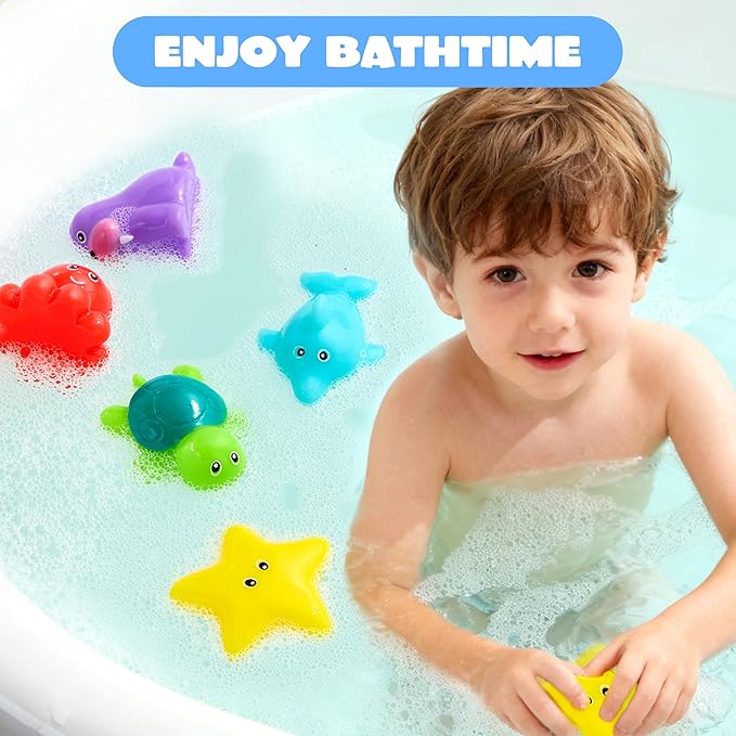 JOYIN 6 Pcs Sea Animal Bath Toys, Sealed & No-Hole & Mold Free Bathtub Toys for Kids, Non-Toxic & Soft Water Vehicles Toys for Boys and Girls, Squeezable & Float on Water, Ideal for Bath & Pool Time