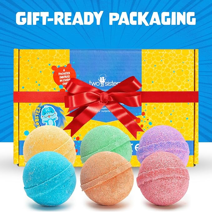 Poke Monster Bath Bombs for Kids with Surprise Inside (6 Pack) - Large Bubble Bath Bomb for Boys & Girls - Fruity Scent, Skin-Safe, USA Made, Kids Basket Stuffers and Gift by Two Sisters