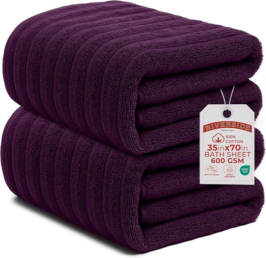RIVERSIDE Pack of 2 Extra Large Bath Sheet Towels, 35 x 70 Inches, 600 GSM, Ribbed Stripe, 100% Cotton - Super Soft, Highly Absorbent & Quick Dry for Bathroom, Spa & Hotel, Purple Passion