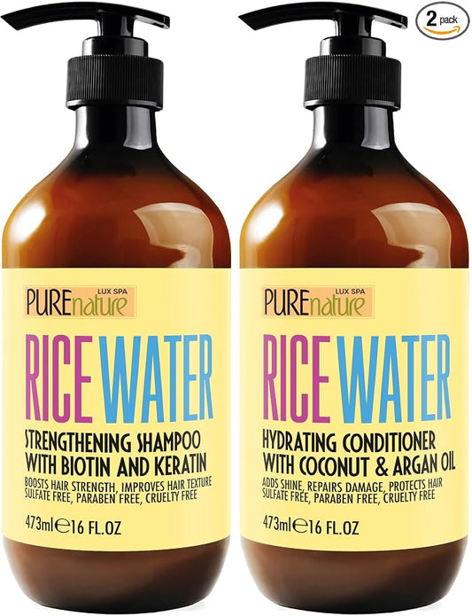 Rice Water Shampoo and Conditioner Set - Sulfate Free Formula for Fine Hair Women and Men - Volumizing and Thickening Formula for Thinning Strands - 16 Fl Oz (Set of 2)