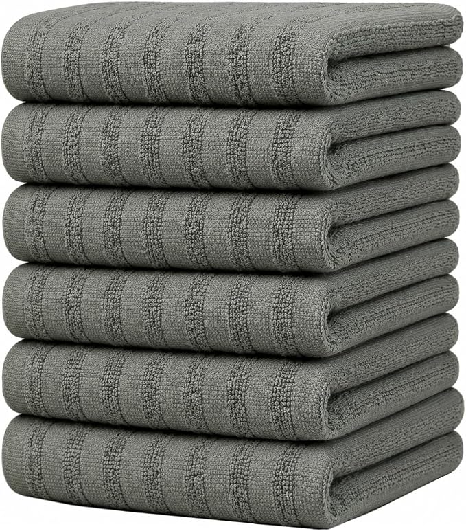 Premium Kitchen Towels (20”x 28”, 6 Pack) | Large Cotton Dish Towels 450 GSM | Highly Absorbent Terry Kitchen Linen Set with Hanging Loop | Anthracite Solid