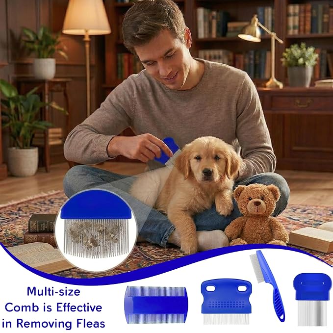 Evollax Flea Lice Comb – 6 Pack Flea Comb for Cats Dogs Remove Fleas Lice Eggs Stainless Steel Cat Dog Grooming Comb | Tear Stain Remover Dog Eye Comb | Dematting Comb for Dogs Ideal for all pet Size