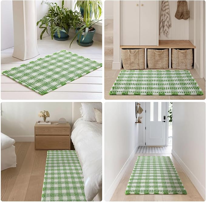 TYUU Waffle Bath Mat, Boho Bathroom Rugs Non Slip Washable Absorbent Checkered Bathroom Mat Quick Dry Cute Christmas Bath Mat, 30"x20" Green and White