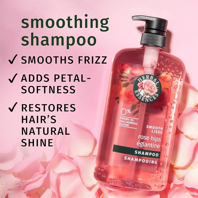 Herbal Essences Shampoo, Rose Hips - Smooth Collection, Shiny Hair with Vitamin E & Jojoba, Safe for Color Treated Hair, Floral Scent, Cruelty-Free, Dermatologist-Tested, 29.2 Fl Oz (Pack of 4)