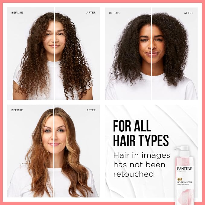 Pantene Sulfate Free Shampoo and Conditioner Set, Rose Water, Soothing and Moisturizing, Infused with Vitamin B5, for all Hair Types, Safe for Color Treated Hair, Pro-V Blend, 17.9 Fl Oz Each, 2 Pack