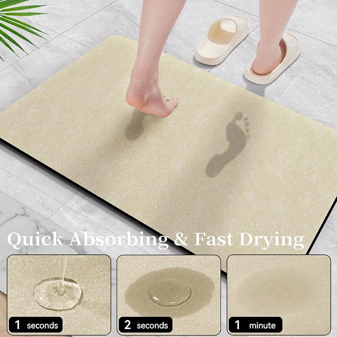 Diatomaceous Earth Bath Rugs 24x17 - Quick Dry Absorbing Non Slip Thin Bath Mat Fit Under Door, For Tub, Shower, Sink, Beige