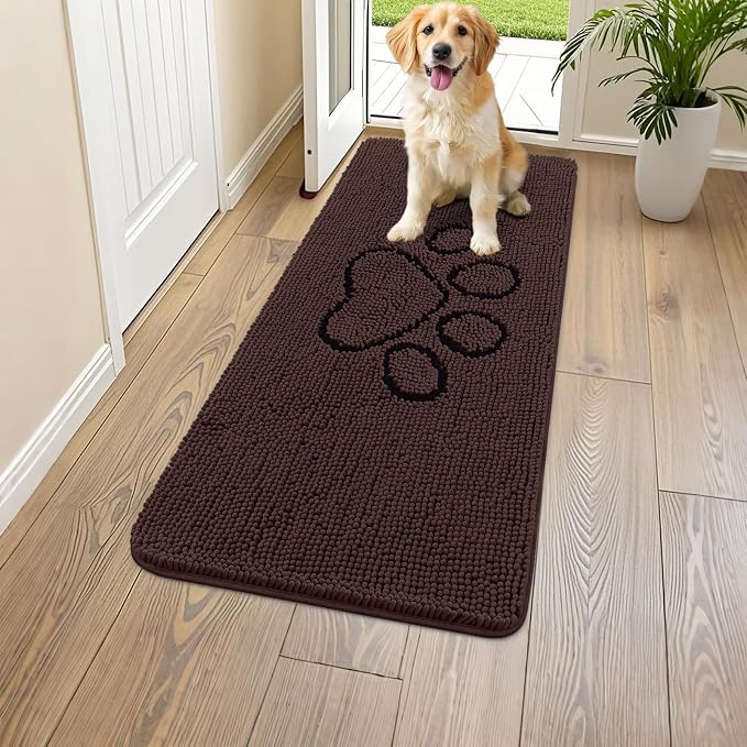 Smiry Dog Door Mat for Muddy Paws, Absorbent Dirt Trapper Non Slip Quick Dry Washable Chenille Mat for Mud Dogs, Entry Rug for Indoor and Outdoor (47x24 Inches, Brown and Black)