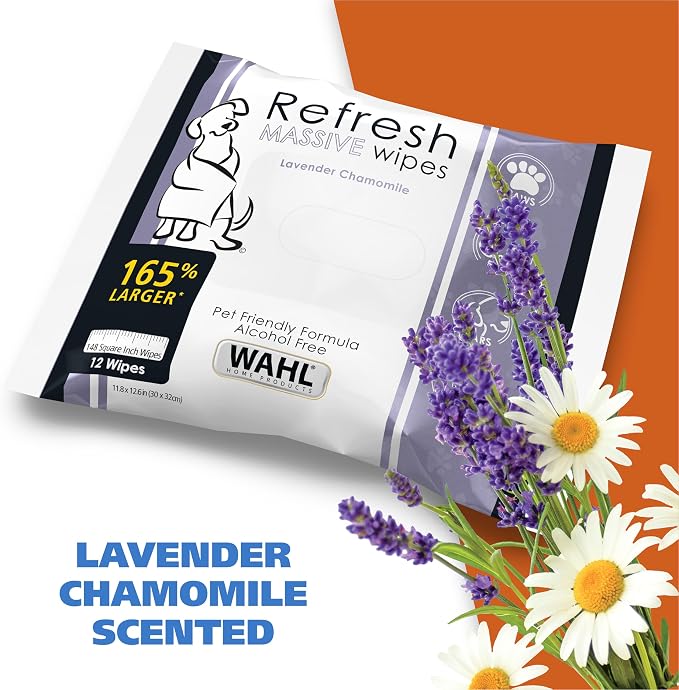 Wahl Refresh Massive Dog Wipes for Cleaning and Odor Control, Face, Body, Butt and Paw Cleaner for Dogs, Lavender Chamomile Scent, 36 Count, Model 3027118