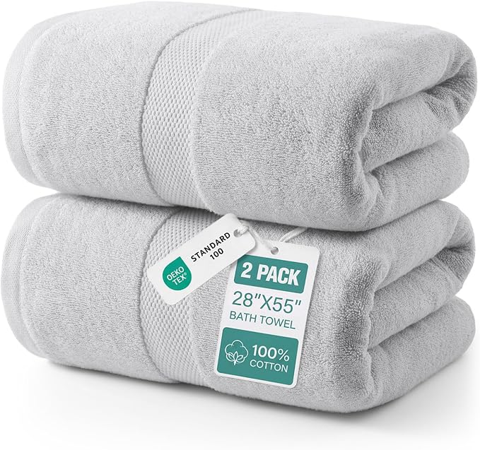 ecolook 2 Pack 100% Cotton Bath Towels, 28 x 55 Inches, Soft | Lightweight, Highly Absorbent & Quick Dry Body Towels for Bathroom, Shower, Gym & Daily Use, Light Gray