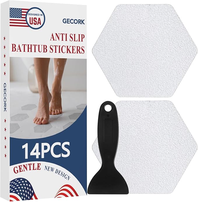 Gecork 14 PCS Shower Floor Non Slip Stickers with Strong Adhesive, Invisible & Durable Anti Slip Shower Stickers with Scraper for Bath Tub, Pools and Stairs, Clear, Hexagonal