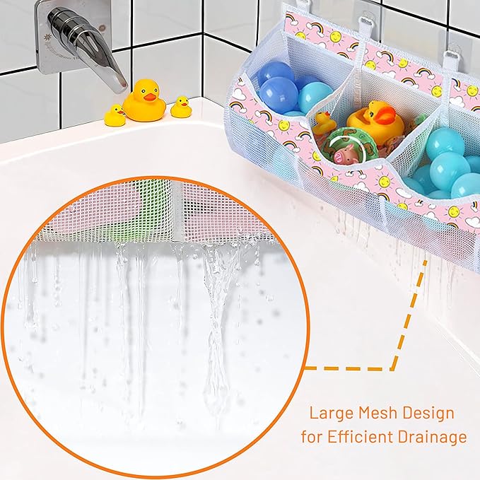 Large Bath Toy Storage, 4 Compartment Quick Drying Mesh Bath Toy Organizer with 5 Hooks, Easy Access and Sorting Large Capacity Corner Bathroom Storage, Multi Use Holder (Rainbow)