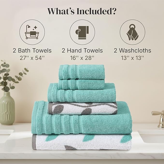 Amrapur Overseas Modern Threads 6 Piece Bath Towel Set – Bathroom Set with 2 Bath Towels, 2 Hand Towels, and 2 Wash Cloths – 100% Cotton, Super Absorbent & Extra Soft – Reversible Natural Vine (Aqua)