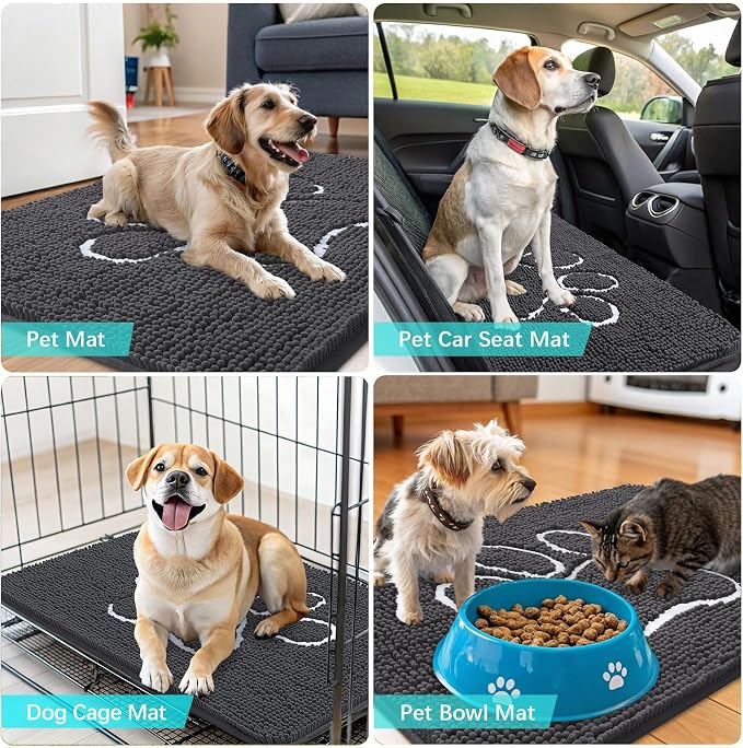 OLANLY Dog Door Mat for Muddy Paws 45x27, Paw Print Design, Absorbs Moisture and Dirt, Absorbent Non-Slip Washable Doormat, Quick Dry Chenille Mud Mat for Dogs, Entry Indoor Entryway Carpet, Dark Grey