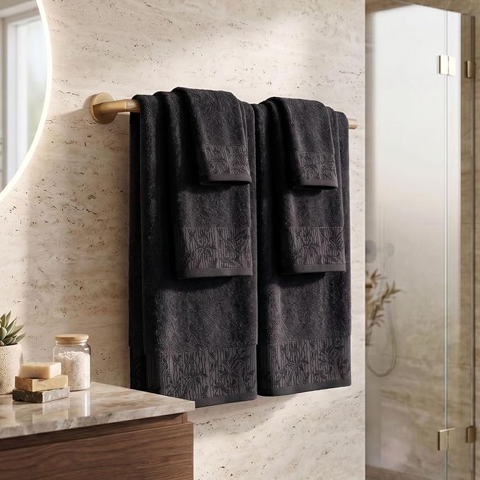 Superior Floral Jaquard Cotton Bathroom Towels, 6pc Towel Set, Black/Black | Soft Absorbent Quick Dry Terry Weave, Hotel Quality, Wisteria Towels Includes 2 Bath Towels, 2 Hand Towels, 2 Washcloths
