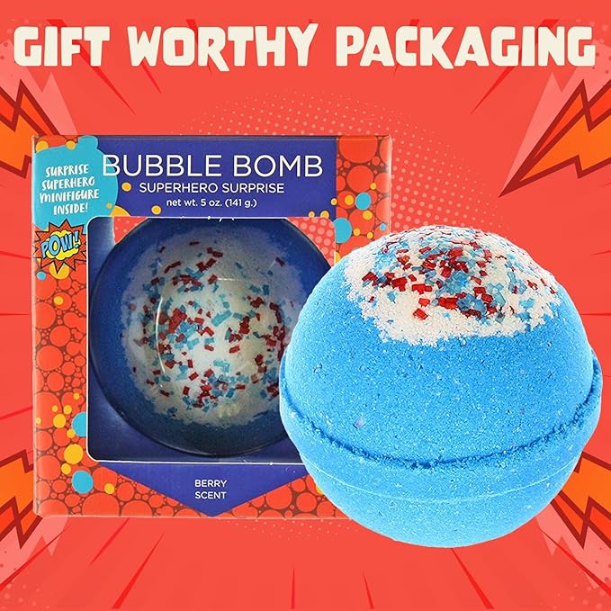 Superhero Bath Bombs for Kids & Boys with Surprise Hero Toys Inside (1 Pack) - Large Bubble Bath Bombs for Boys & Girls - Birthday Gift & Goodie Bags for Kids - Fruity Scent, USA Made by Two Sisters