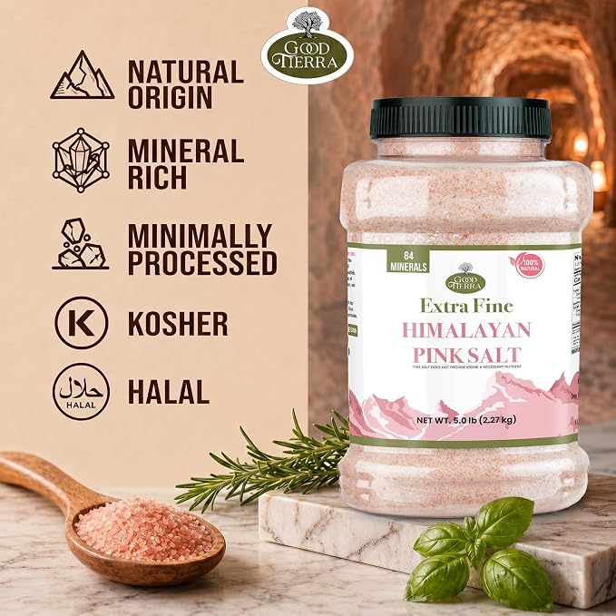 Good Tierra Himalayan Pink Salt, Extra-Fine, 5 lb Jar (4 Pack), Sea Salt | 84 Trace Minerals, Non-Iodized & Unrefined, Fine Grain for Cooking & Baking, Great for Canning & Bath, Kosher & Non-GMO