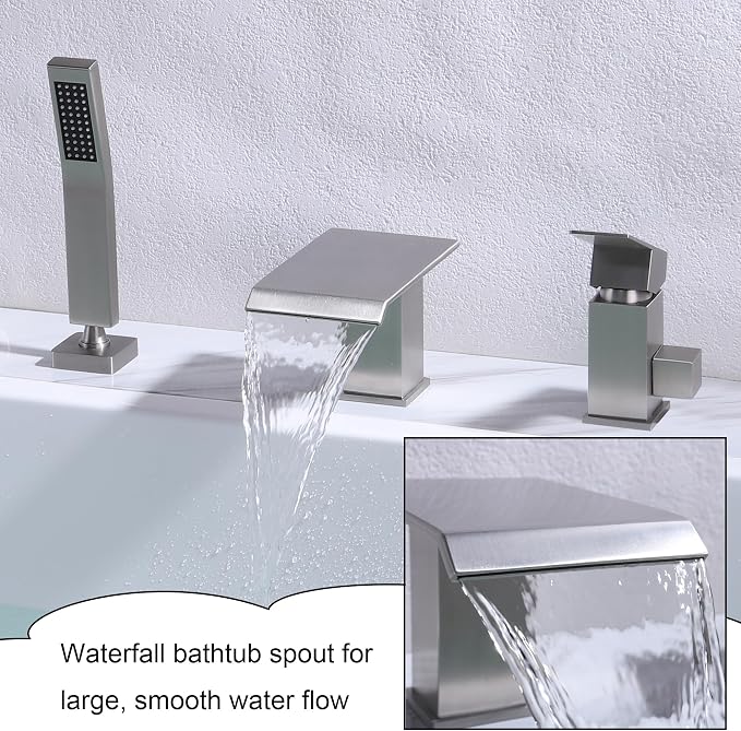 Roman Tub Faucet with Hand Shower, Deck Mount 3 Hole Bath Tub Faucet Set Bathtub Faucet with Handheld Sprayer, Brushed Nickel