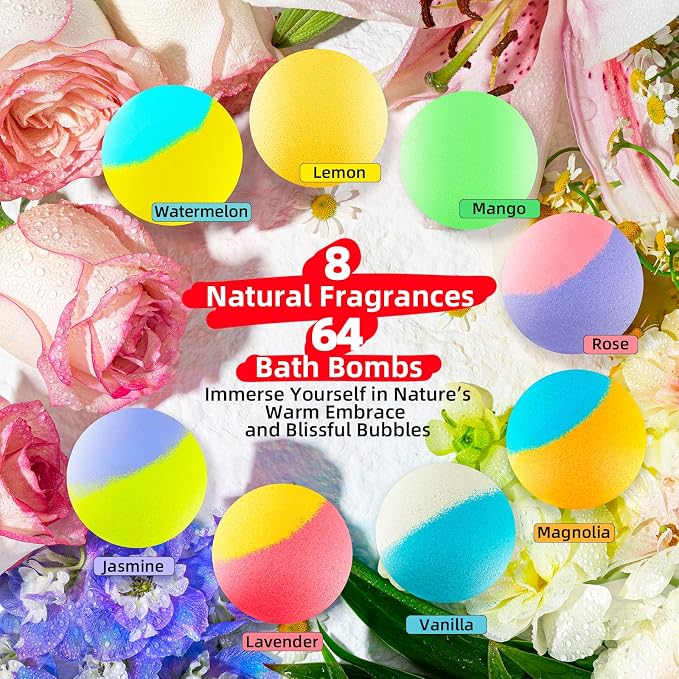 64 Pack Natural Bath Bombs Bulk Set – 8 Scents, Organic Ingredients, Long-Lasting Bubbles, Relaxing Gifts for Women & Men, Self-Care, Birthday, Christmas & Stocking Stuffers