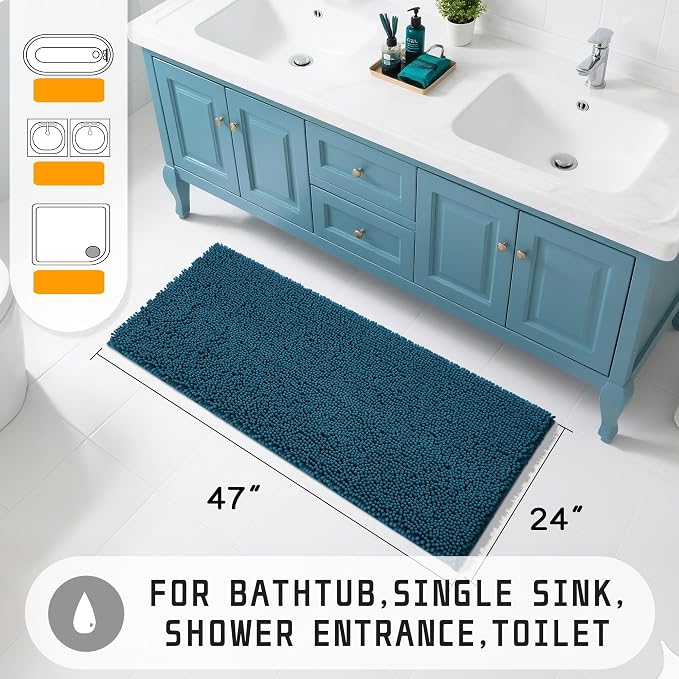 Yimobra Long Bathroom Rugs 47"x24", Extra Soft Non Slip Bath Mat for Tub, Super Absorbent Quick Dry Shaggy Rug Floor Carpet, Machine Washable,Peacock Blue