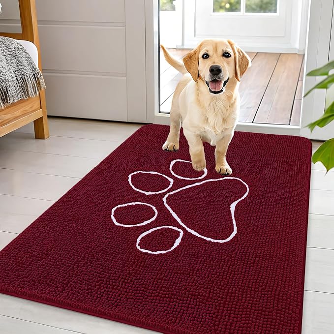 OLANLY Dog Door Mat for Muddy Paws 44x32, Paw Print Design, Absorbs Moisture and Dirt, Absorbent Non-Slip Washable Doormat, Quick Dry Chenille Mud Mat for Dogs, Entry Indoor Entryway Carpet, Burgundy