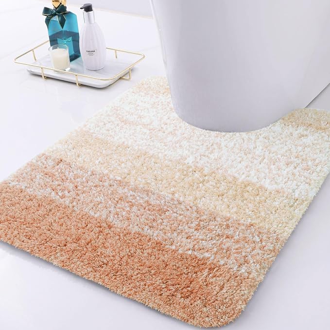 Arotive Microfiber Bathroom Rugs, Shaggy Soft and Absorbent Contour Toilet Rugs, Thick Plush Machine Washable Dry Bath Mats for Toilet Base, 24x20, Peach, U-Shape