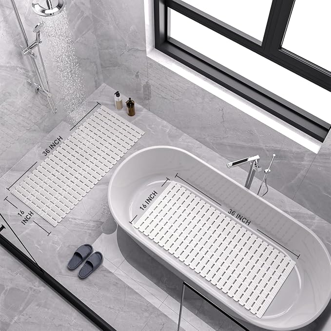 XIYUNTE Shower Mat Non Slip Bath Mat for Tub Non Slip Bathtub Mat - 36 x 16 inches Bath Tub Mat Anti Slip Shower Mats for Inside Shower with Powerful Suction Cups and Drain Holes, Cream White