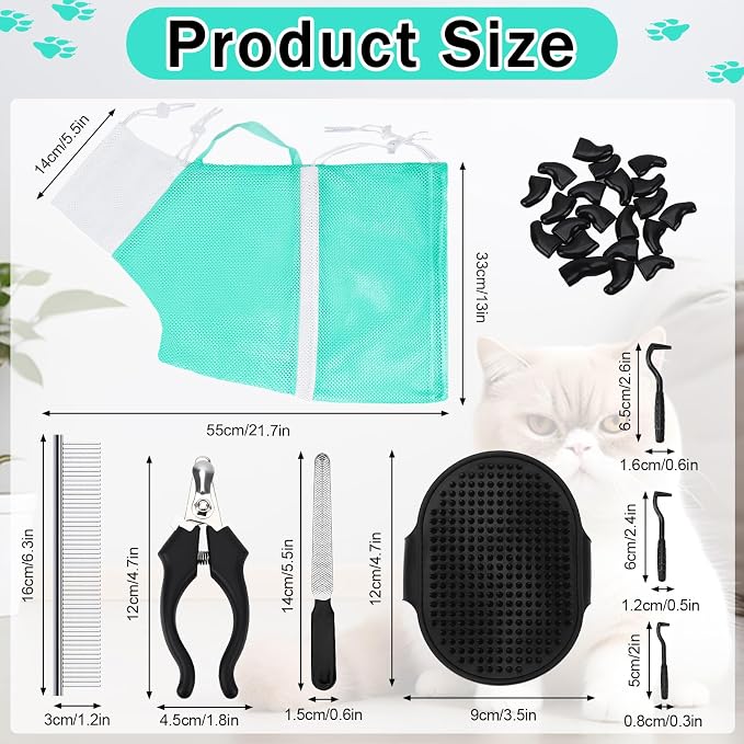 JULMELON Cat Bathing Bag Kit Adjustable Mesh Cat Washing Bag with Nail Clippers Nail File Brush Comb Tick Remover Tool Pet Grooming Bag for Cats and Small Dogs