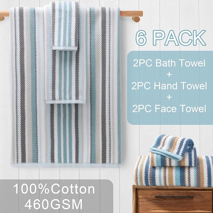 6-Piece Luxury Aqua Striped Towel Set - 100% Cotton Quick Dry Highly Absorbent Bathroom Towels (2 Bath Towels 28"x52" with Hanging Loop, 2 Hand Towels 16"x27", 2 Washcloths 13"x13") | Aqua & Gray