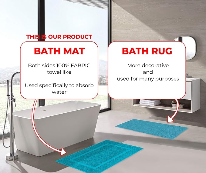100% Cotton Bath Mats for Bathroom Floor Set of 2 Pack, 20x34 Soft Absorbent Washable Quick Dry Tub Bathmat, Aqua Blue