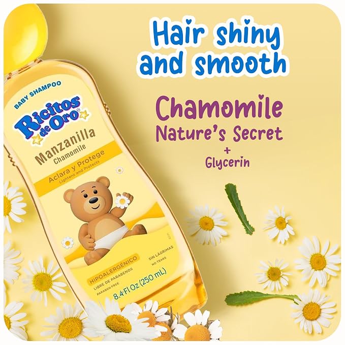Ricitos de Oro Baby Shampoo with Chamomile – Gentle and Tear-Free Formula for Babies and Kids,Natural Lightening-and Soft Conditioning Hair Care,Paraben-Free,Safe Daily Use,8.4 fl oz,(Pack of 6)