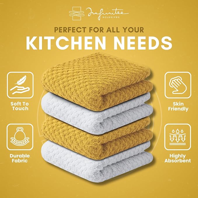 Infinitee Xclusives Premium Dish Cloth 100% Cotton 12 x 12 Inches |Pack of 4|-Ultra Soft Tea Towels - Highly Absorbent Kitchen Rags-Terry Dishcloth for Kitchen and Household Cleaning |Radiant Yellow|