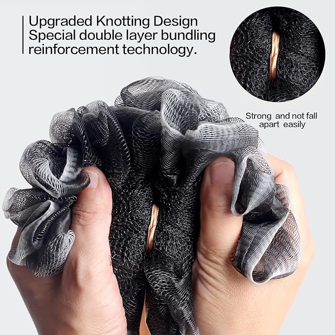 Fishent Loofah Bath Sponge Shower Loofahs, 4 Pack Soft Loofa Exfoliating Body Scrubber Mesh Shower Puff Pouf Ball Luffa for Men and Women(50g/pcs) (Black)